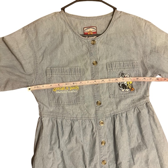 Vintage Denim Maxi Dress with Looney Tunes Tweety Bird and Sylvester Embroidery - Picture 7 of 9